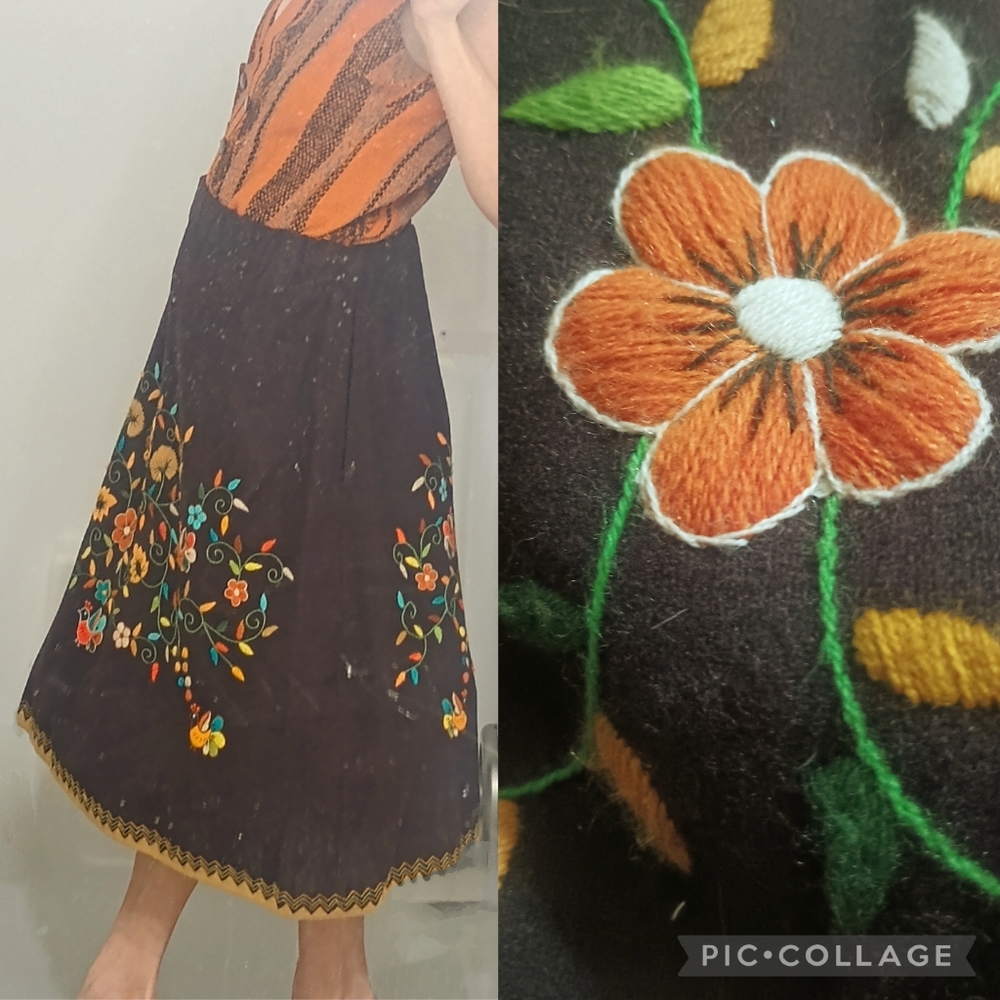 Vintage Hand Embroidered Floral Wool Midi Skirt